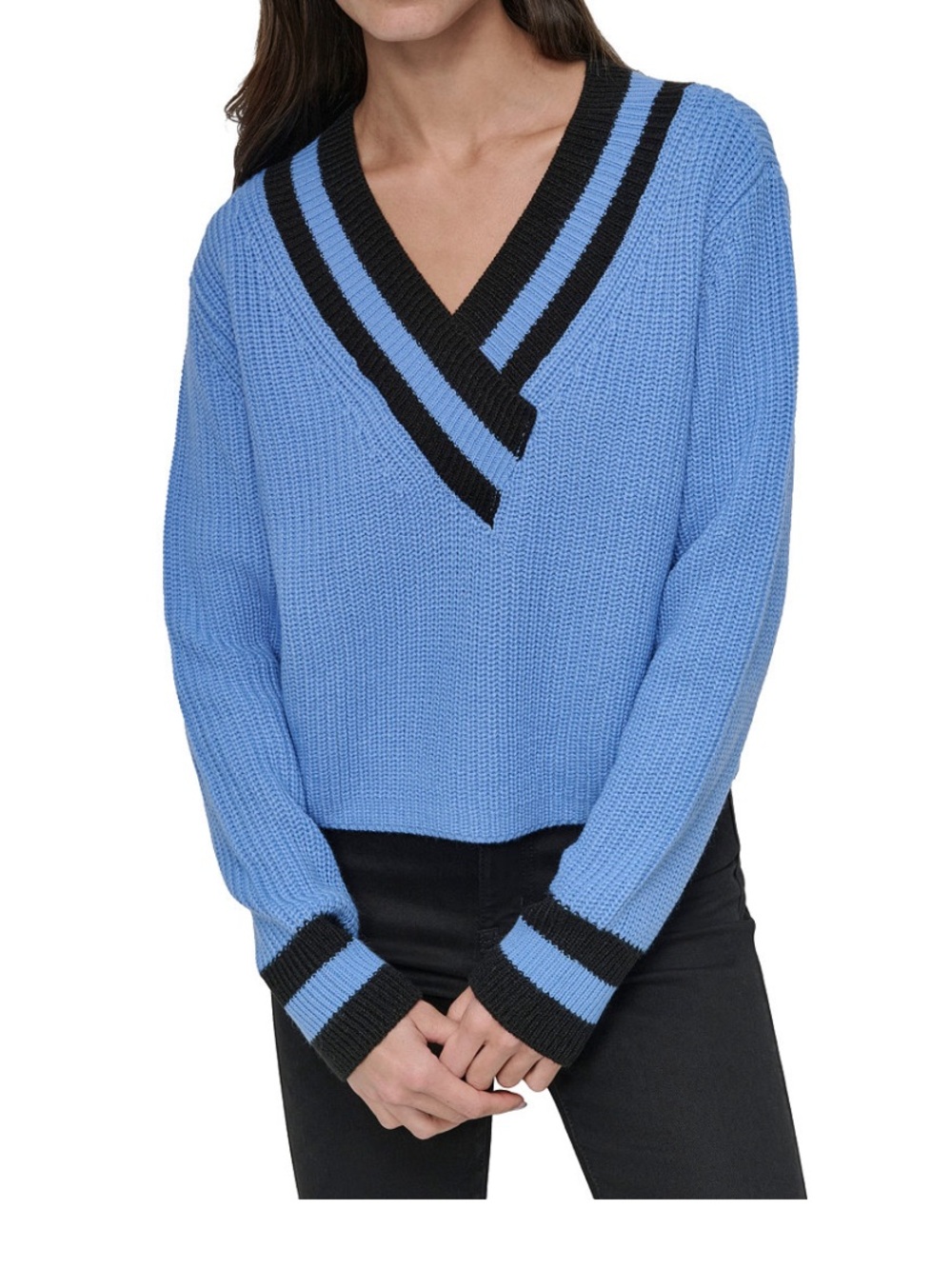 DKNY Blue V-Neck Stripe Trim Sweater